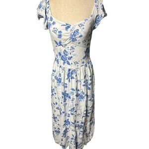 Hollister Blue & White Floral Midi Dress Cottagecore Y2K Milkmaid medium